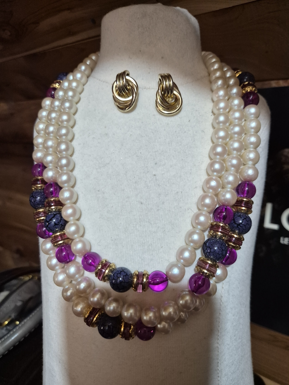 Vintage Pearl Necklace with Purple and Blue Accent Beads and Gold Accents